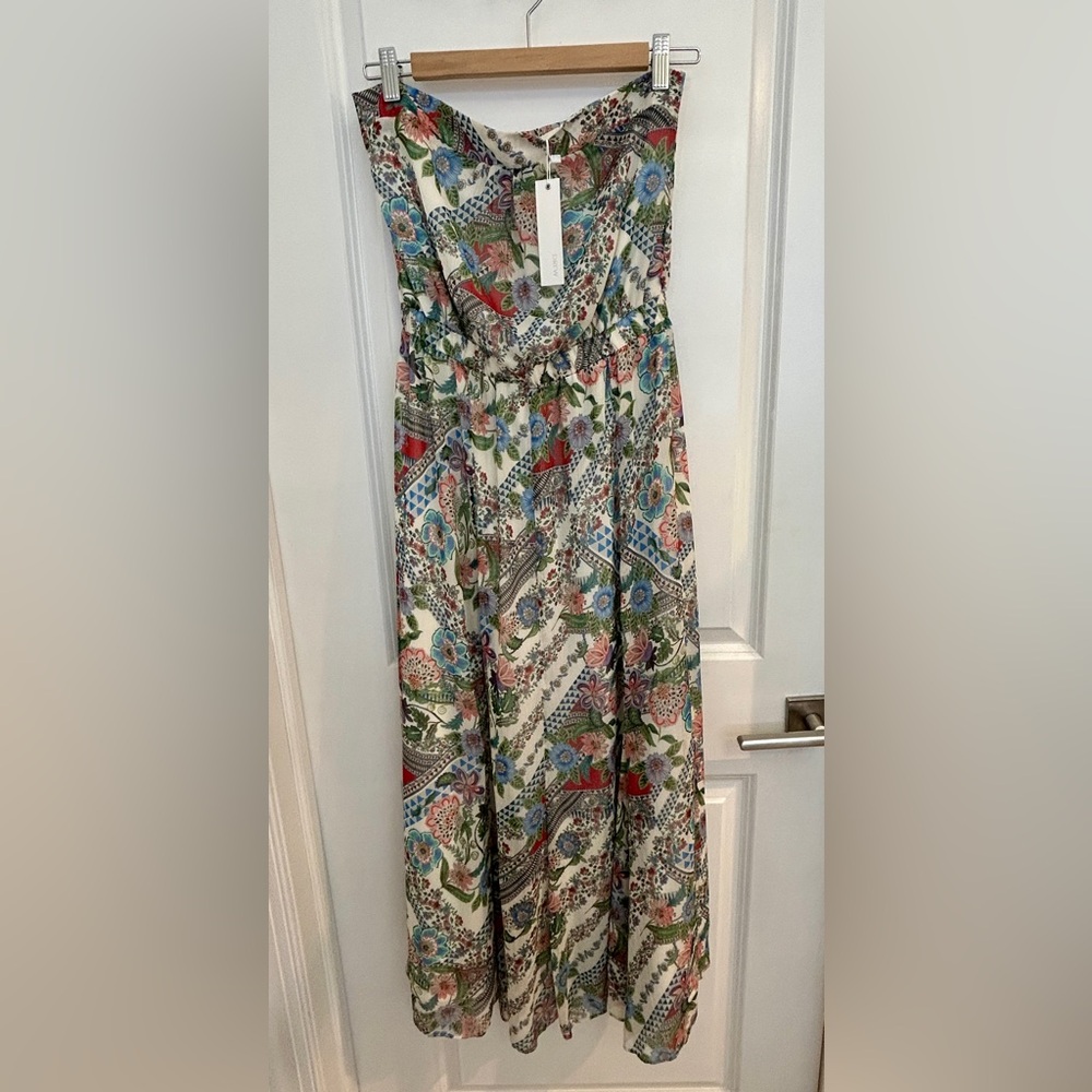 DREW Strapless Maxi Dress with Floral and Geometric Patterns